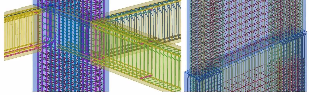 3D structural model showing complex steel reinforcement detailing in beams and columns.