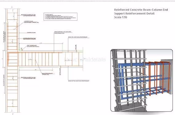Diagram and 3D model of reinforced concrete beam-column end support detailing rebars at scale 1:10.