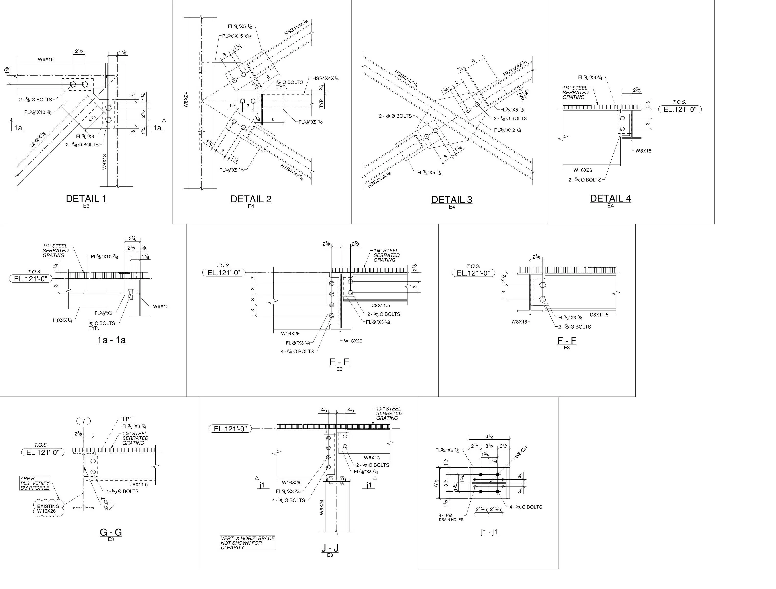 Set of detailed structural erection drawings showing various steel beam connections with dimensions and bolt placements.