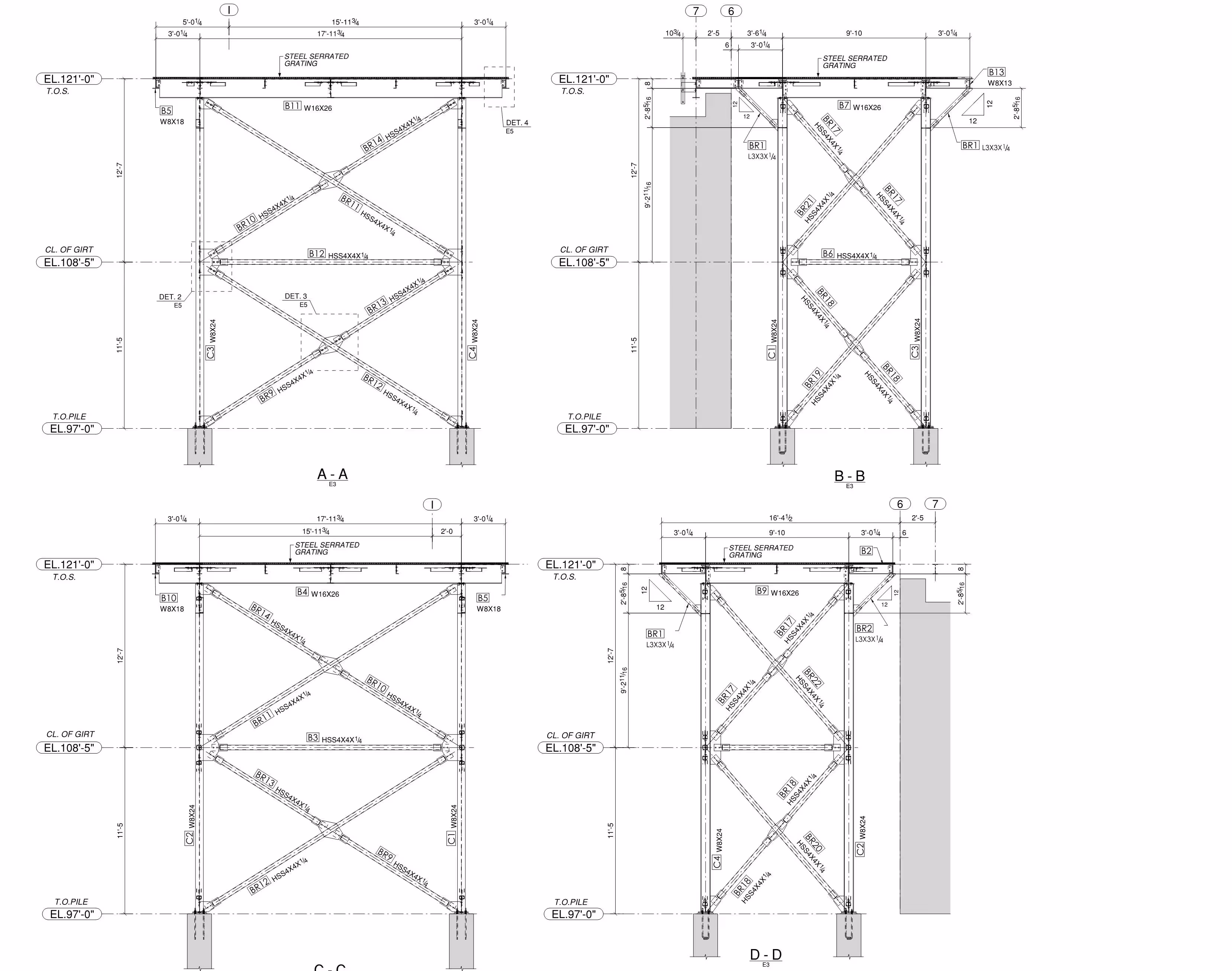 Four detailed structural steel erection drawings with dimensions and labels for steel grating and beams.