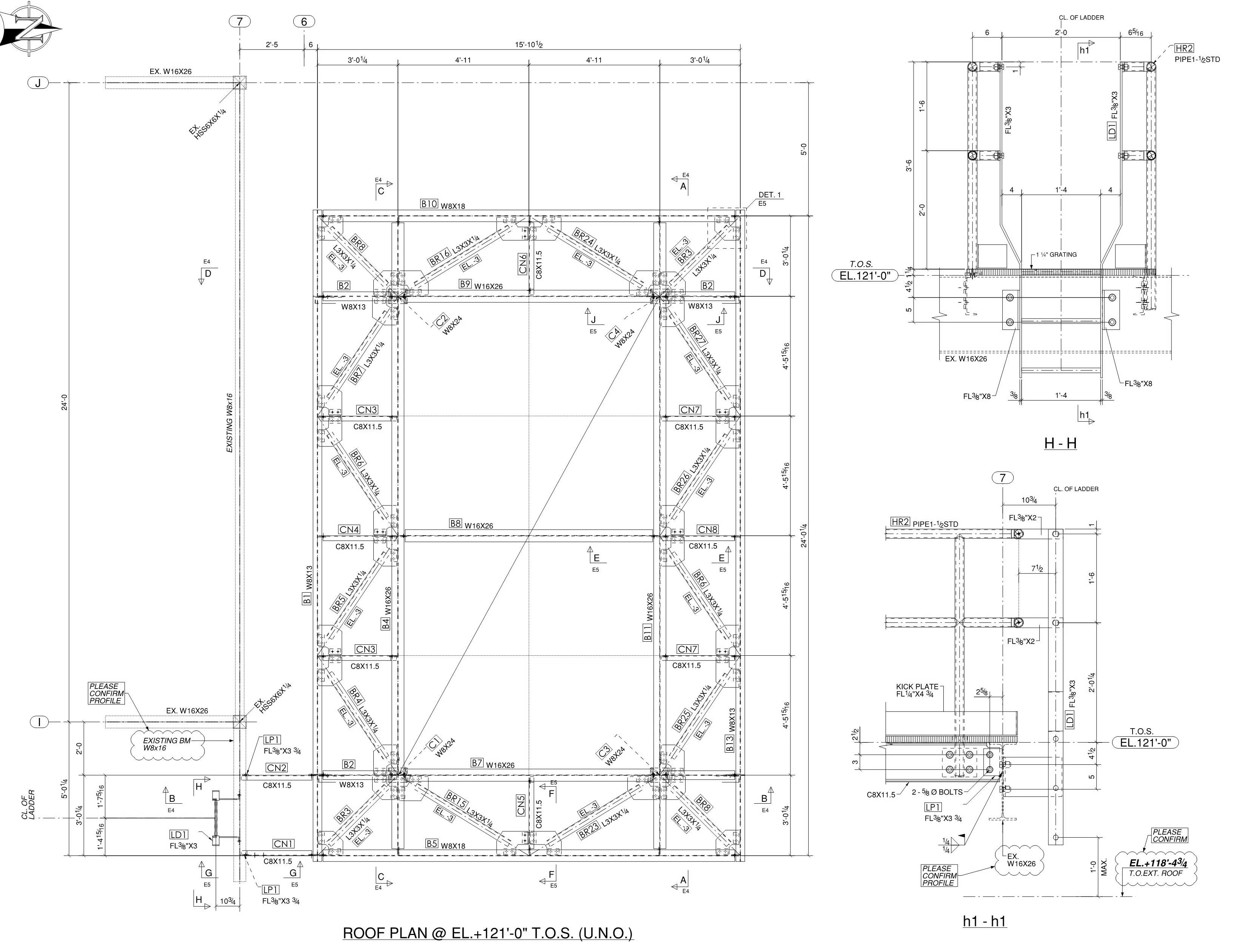 Technical roof plan and cross-section structural drawing with measurements and beam details.