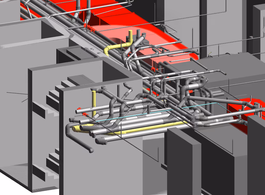 3D model of building mechanical system pipes and ducts running through walls and ceilings.