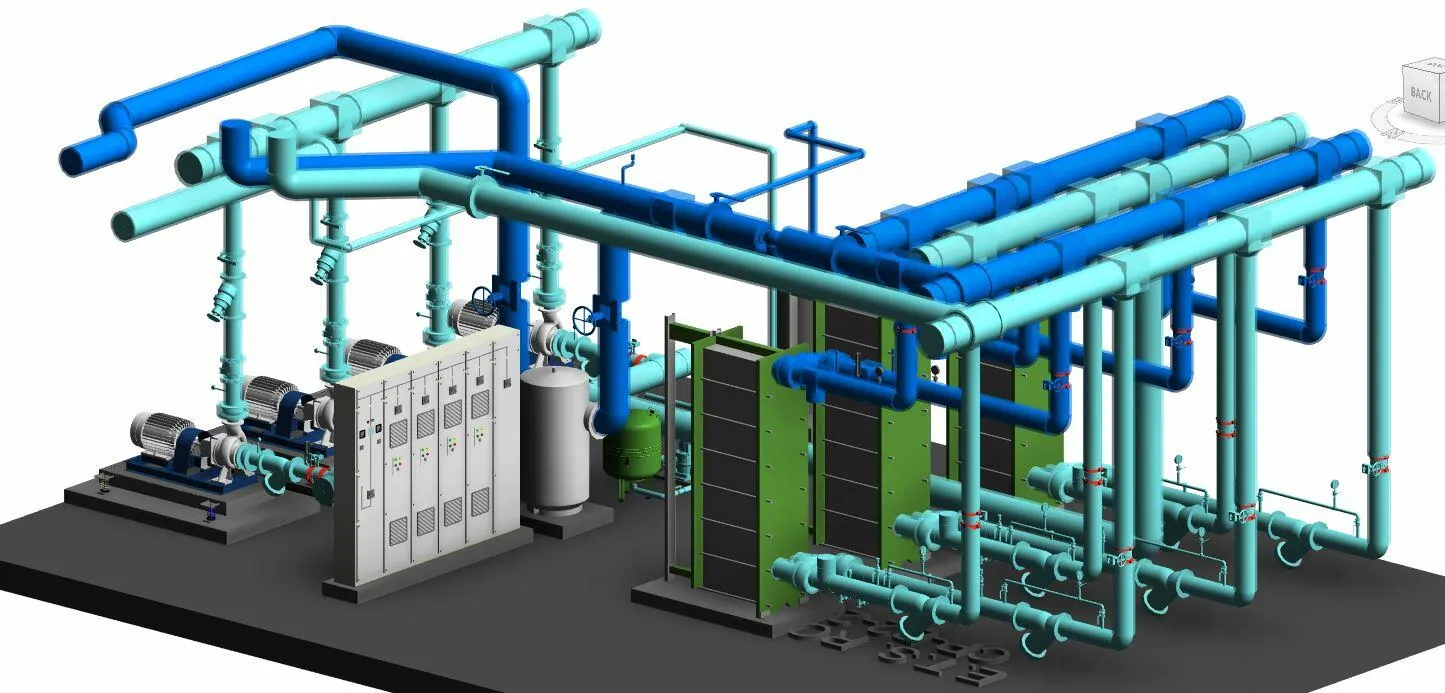 3D model of a mechanical room with pumps, pipes, valves, control panel, and heat exchanger units.