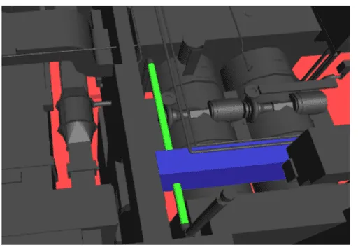 3D mechanical assembly model showing cylindrical parts, a green rod, a blue beam, and a red background.