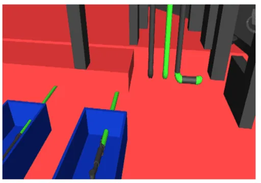 3D model of green pipes running through red floor and blue rectangular containers in a mechanical setting.