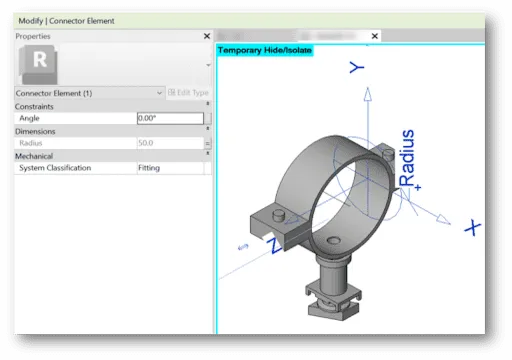 3D CAD model of a cylindrical clamp connector with dimension and axis labels visible in software.