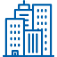Blue icon of a city skyline with three tall buildings of varying heights.