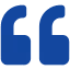 Blue stylized quotation marks icon on white background.