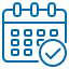 Blue calendar icon with a checkmark indicating a scheduled or confirmed date.