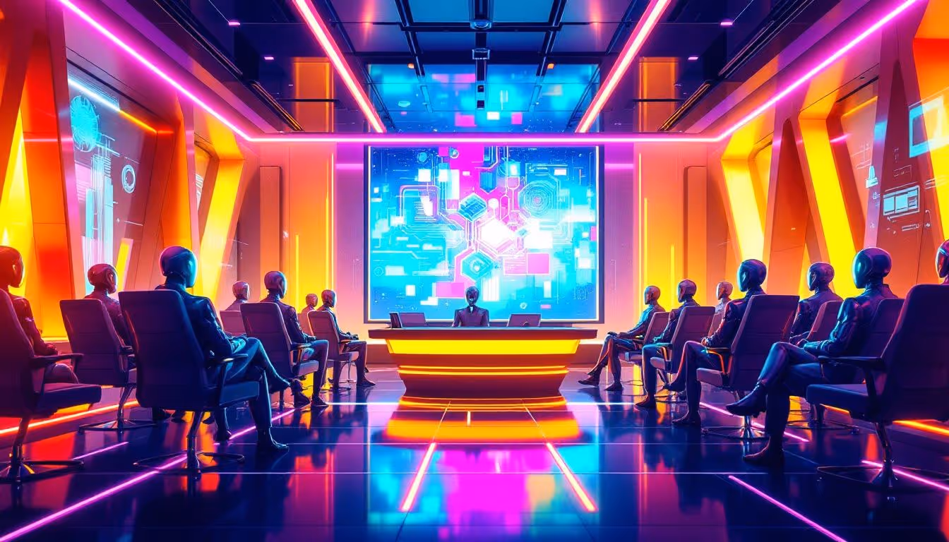 A futuristic illustration of AI agents in business.