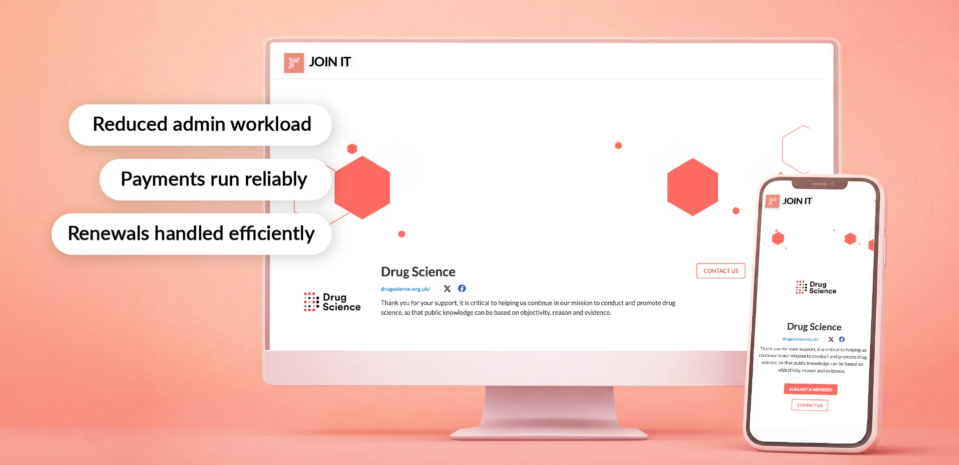 Supporter membership management at Drug Science, showing reduced admin work, reliable payments, and smooth renewals.
