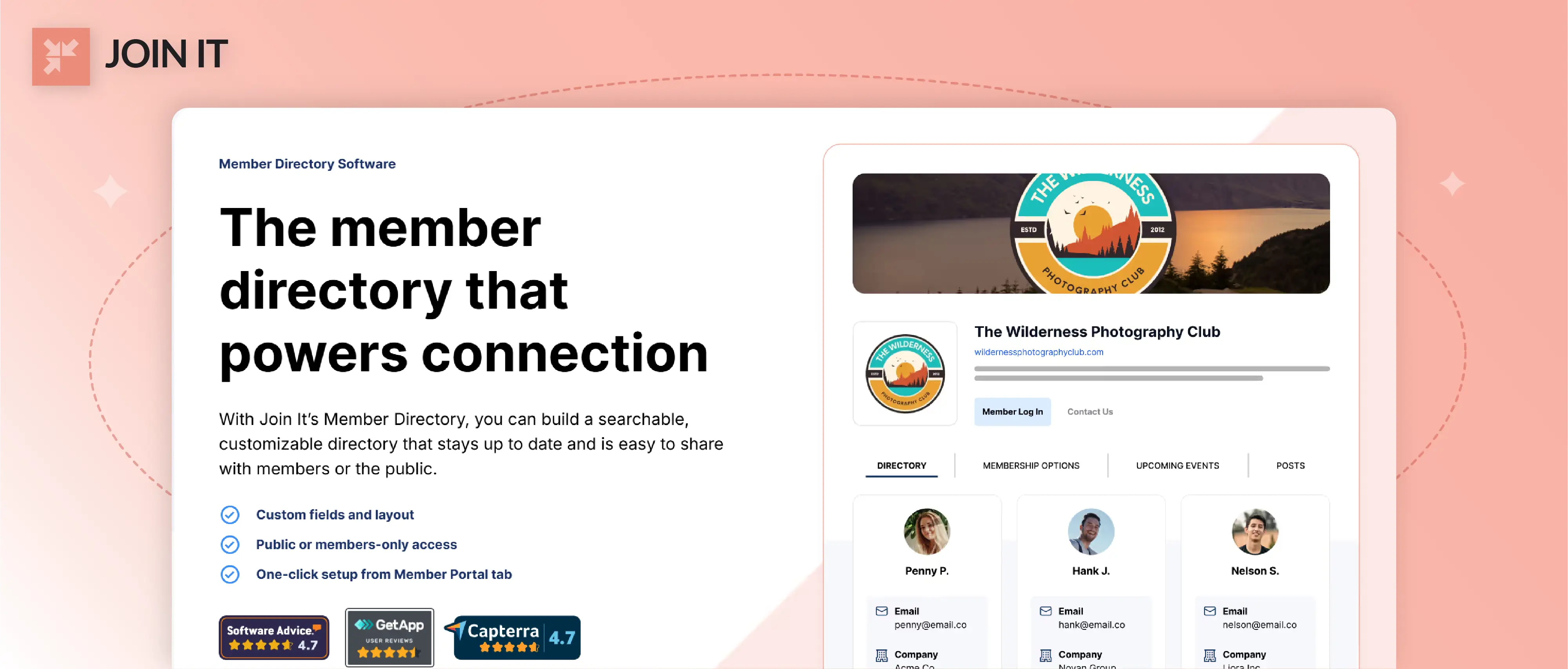 Join It member directory software with searchable profiles, member log-in, and 4.7 rating badges.