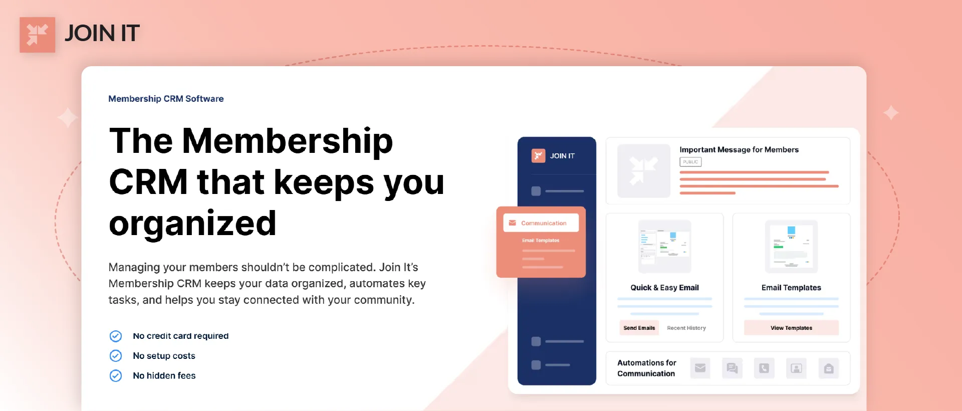 Join It Membership CRM software dashboard with email templates and no credit card required trial.