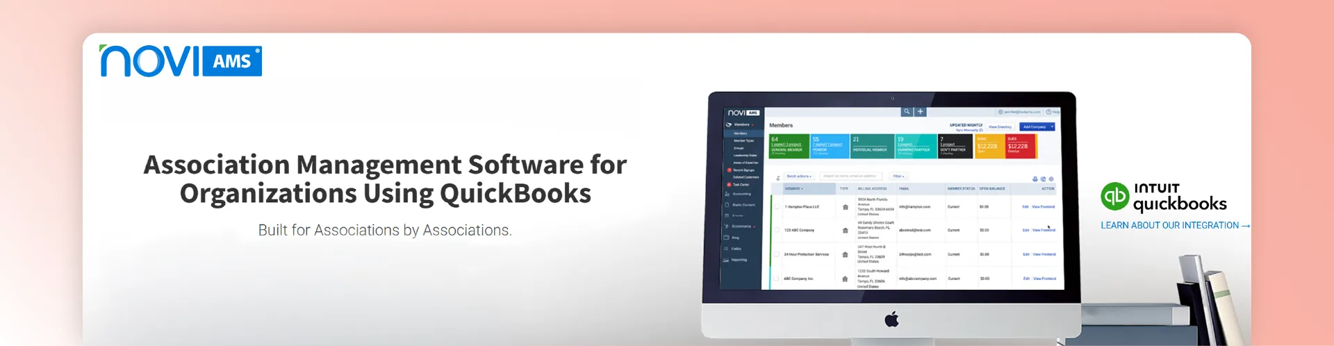 Novi AMS association management software with QuickBooks integration dashboard for membership and billing.