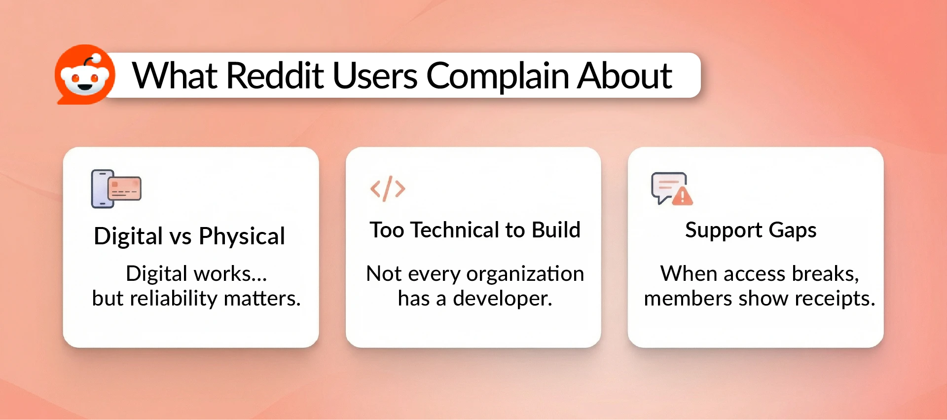 Reddit users complain about membership cards: digital vs physical reliability, too technical to build, and support gaps.