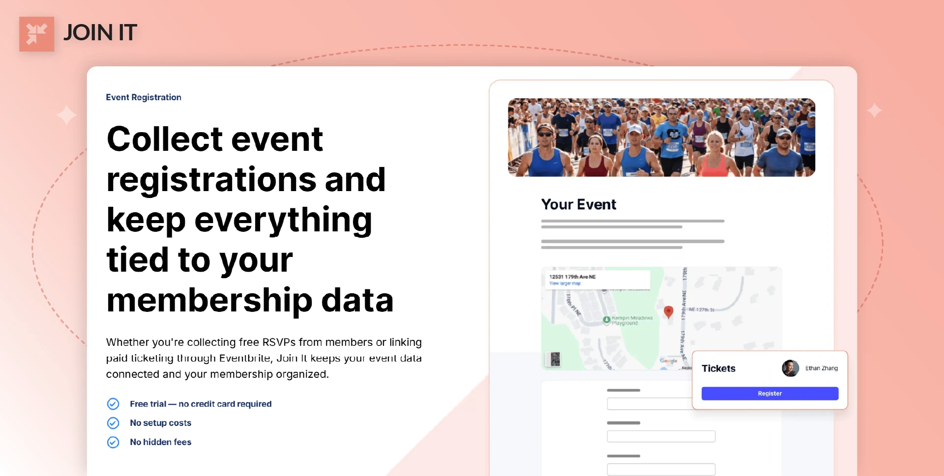 Join It event registration software dashboard connecting registrations with membership data.