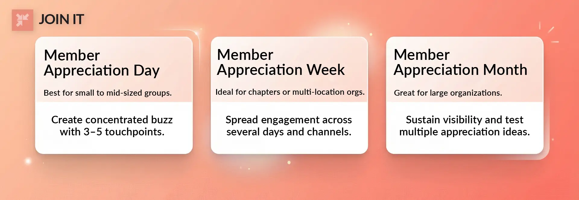 Member appreciation ideas comparing appreciation day, week, and month formats for different organization sizes.