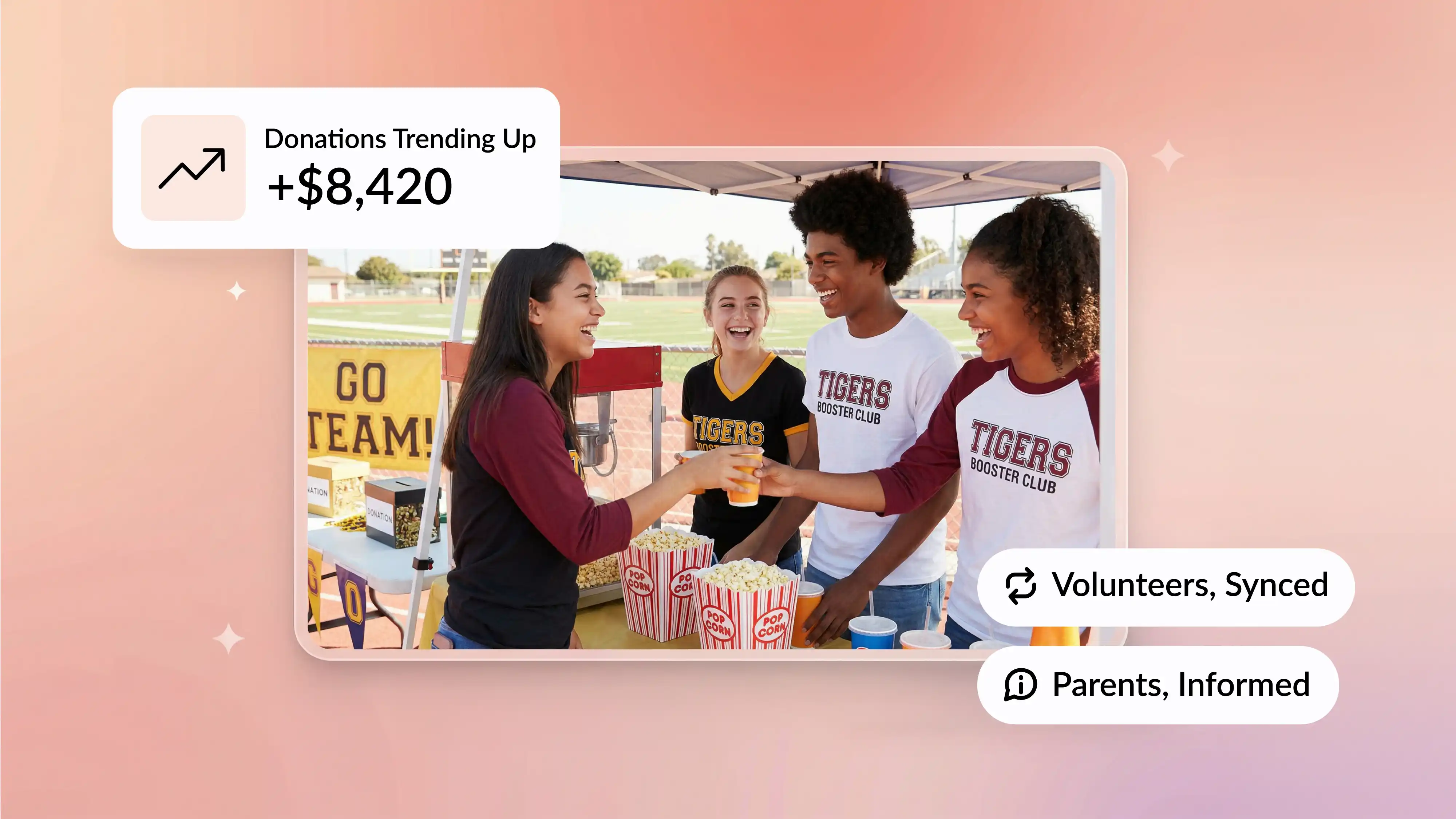 Booster club software cover showing donation growth, synced volunteers, and informed parents.