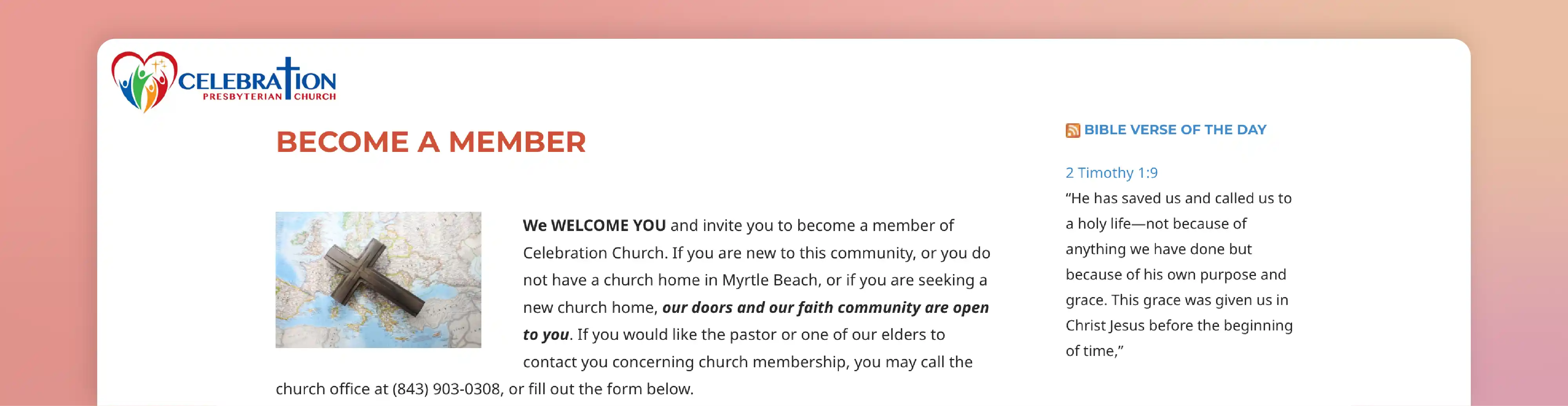 Celebration Presbyterian Church membership website example with a become-a-member page and welcome message.