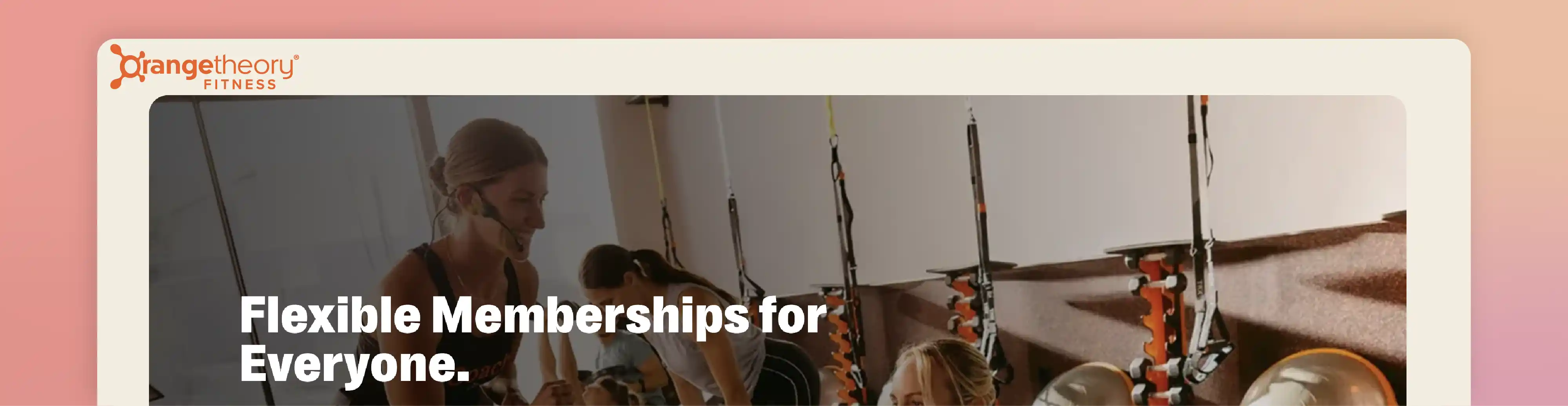 Orangetheory membership website example promoting flexible memberships with a fitness class hero image.