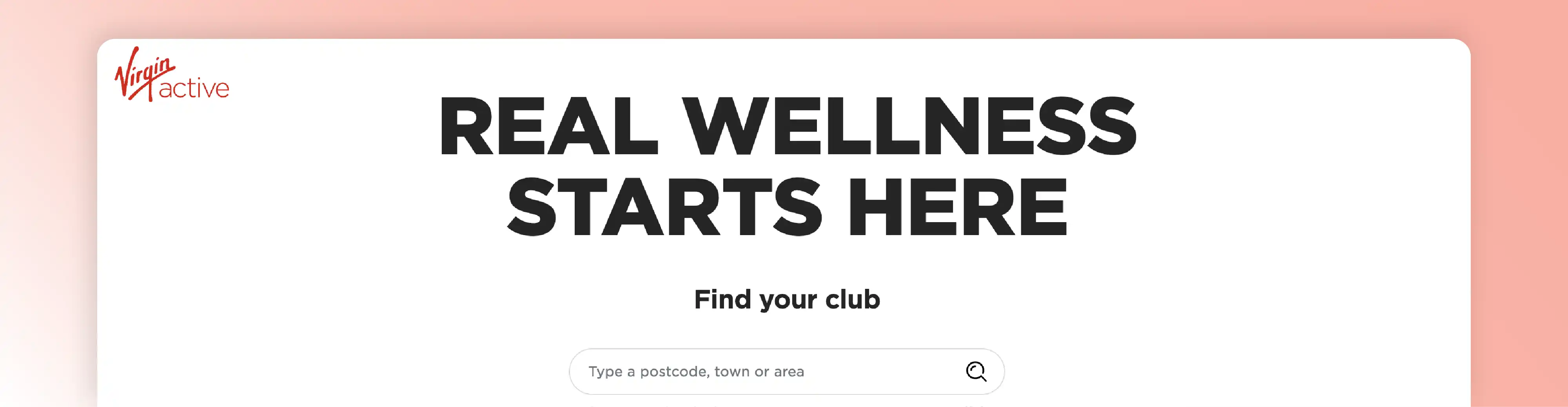 Virgin Active membership website example with wellness messaging and a club finder search feature.