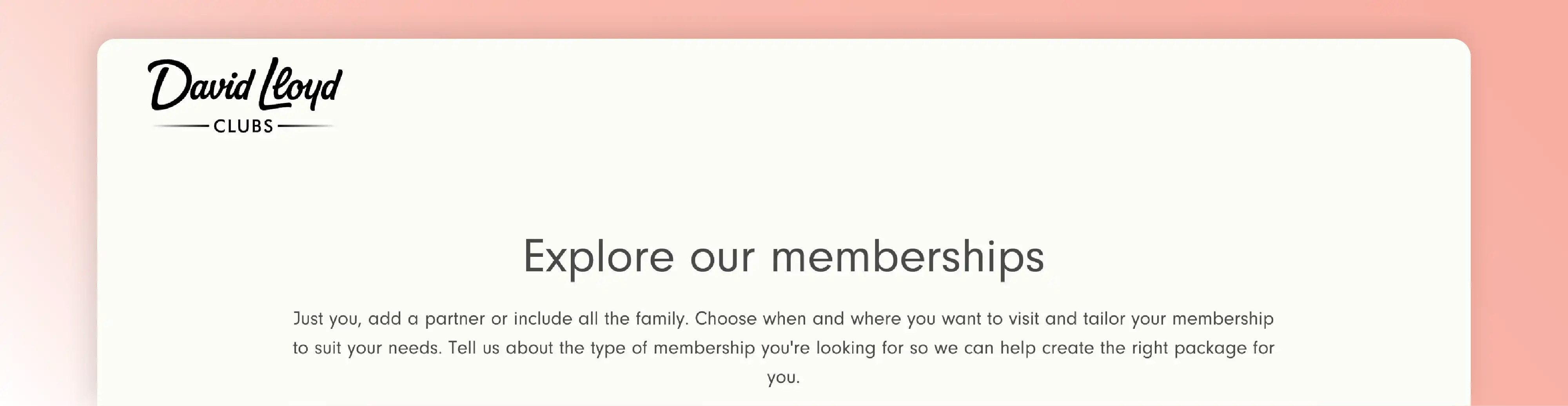 David Lloyd Clubs membership website example featuring membership options and flexible family-focused copy.