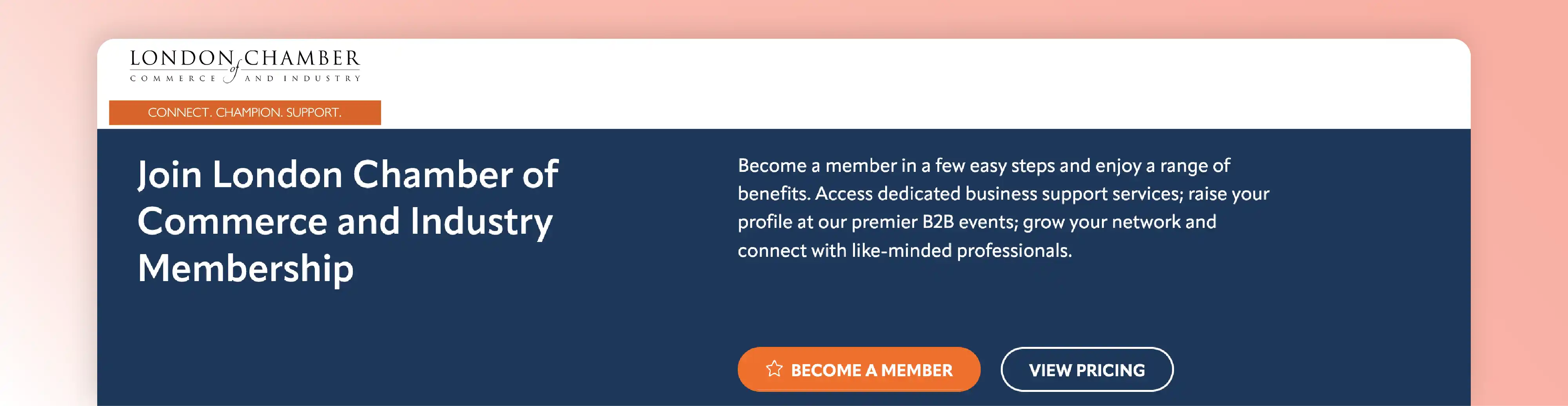 London Chamber membership website example with business benefits, pricing details, and a become-a-member CTA.