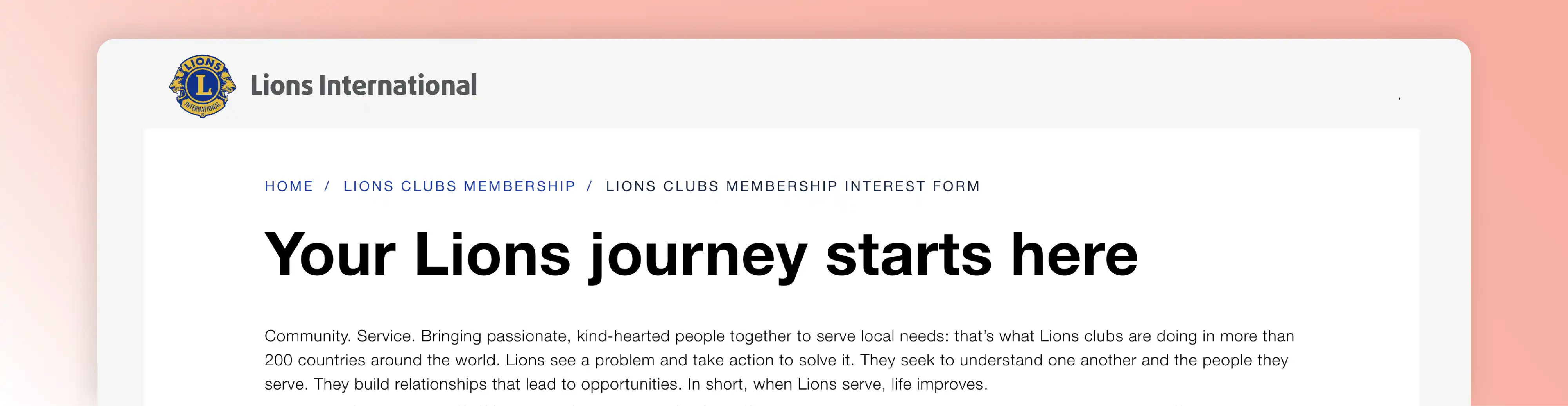 Lions International membership website example with a join journey page for prospective members.