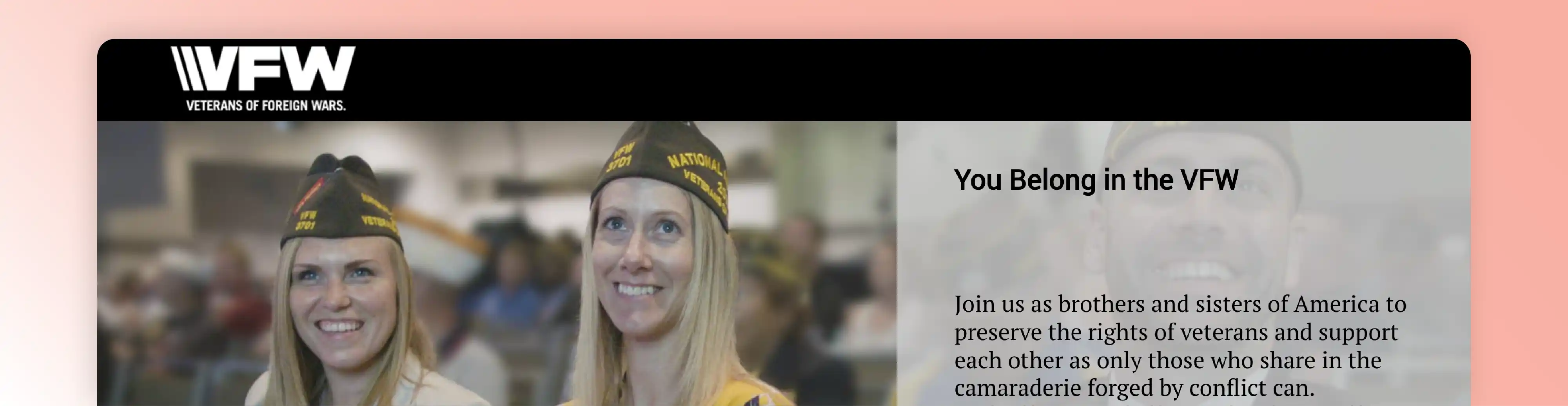 VFW membership website example with a join page inviting veterans to become members.
