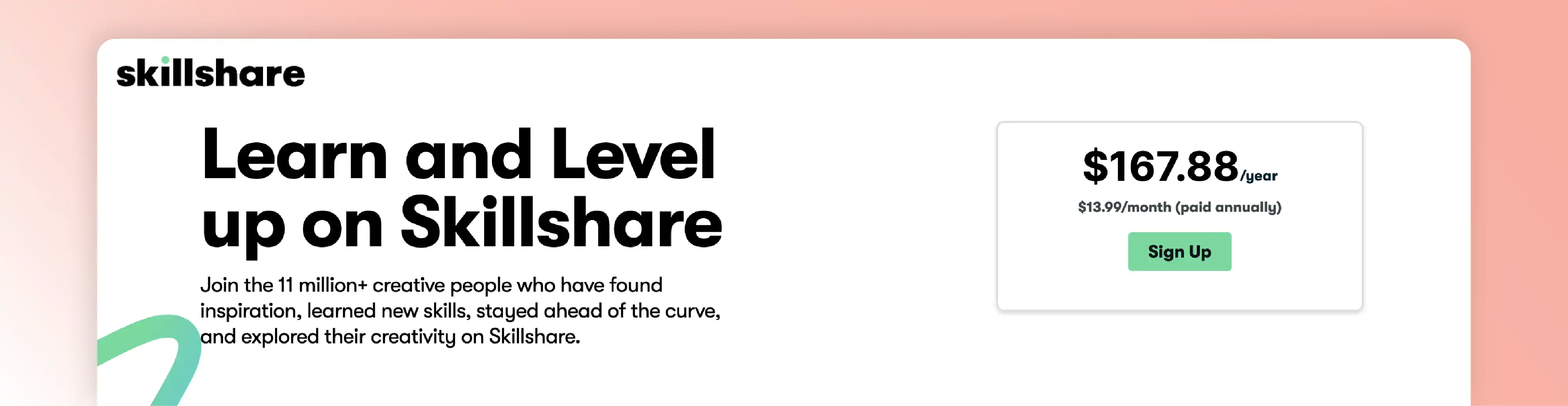 Skillshare membership website example showing annual pricing and a sign-up call to action.