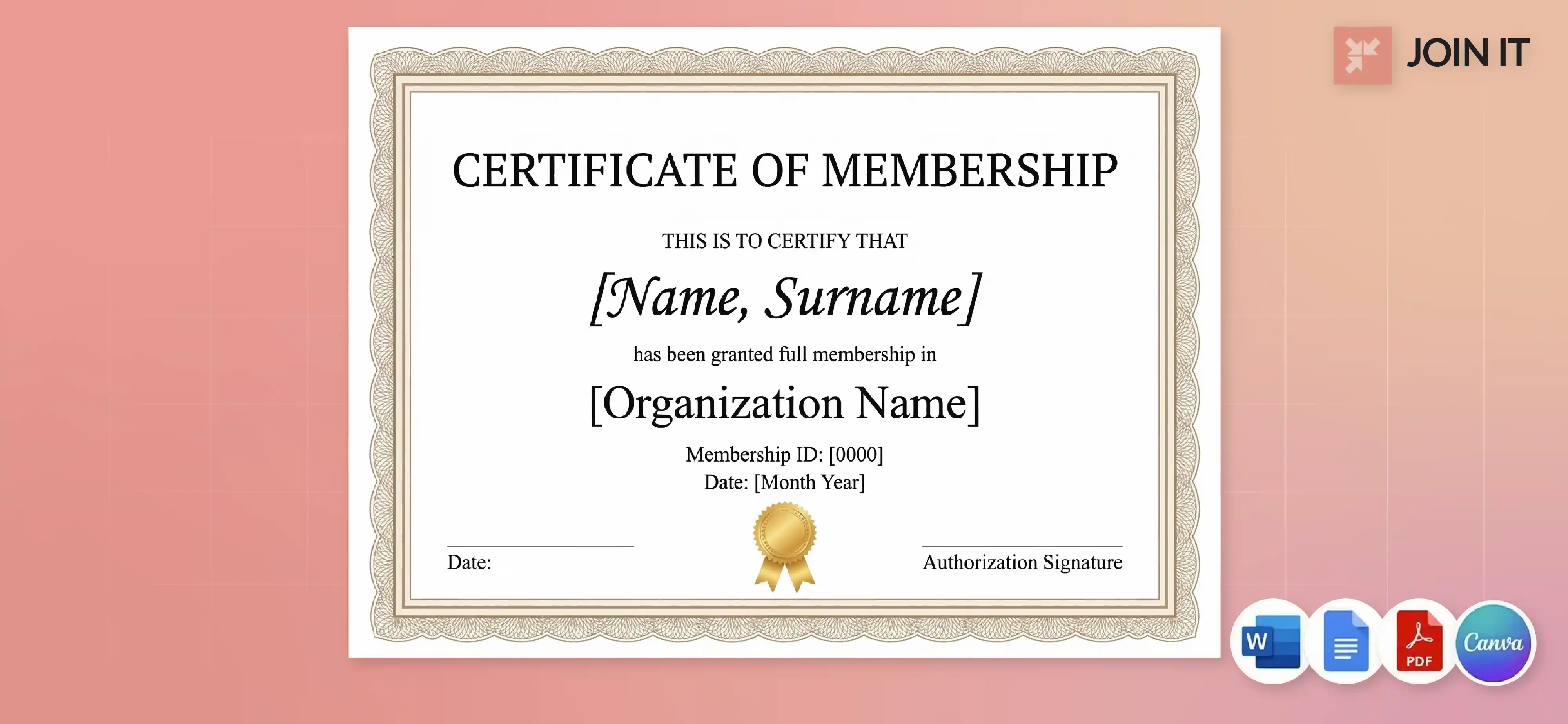Classic membership certificate template editable in Word, Google Docs, PDF, and Canva.