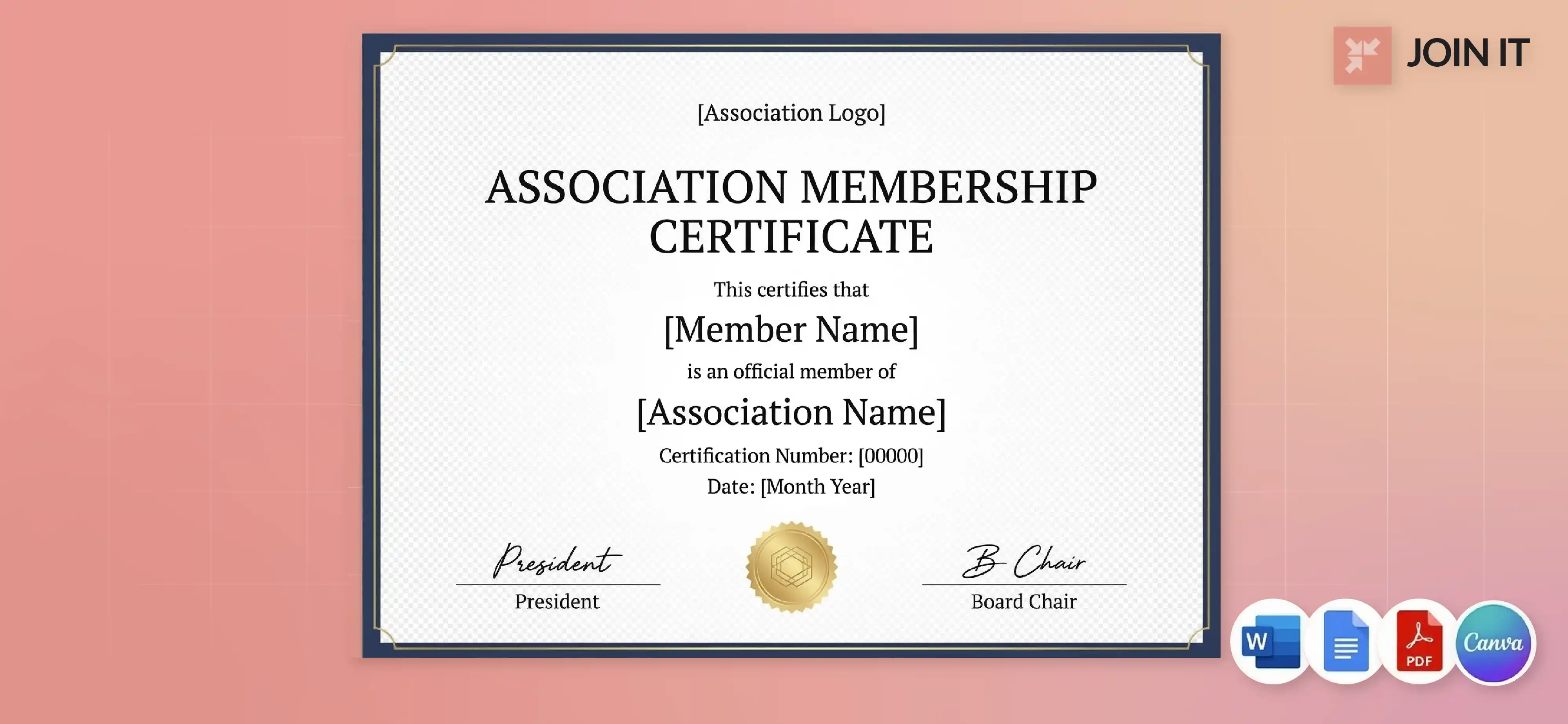 Association membership certificate template with formal layout, editable in Word, Google Docs, PDF, and Canva.
