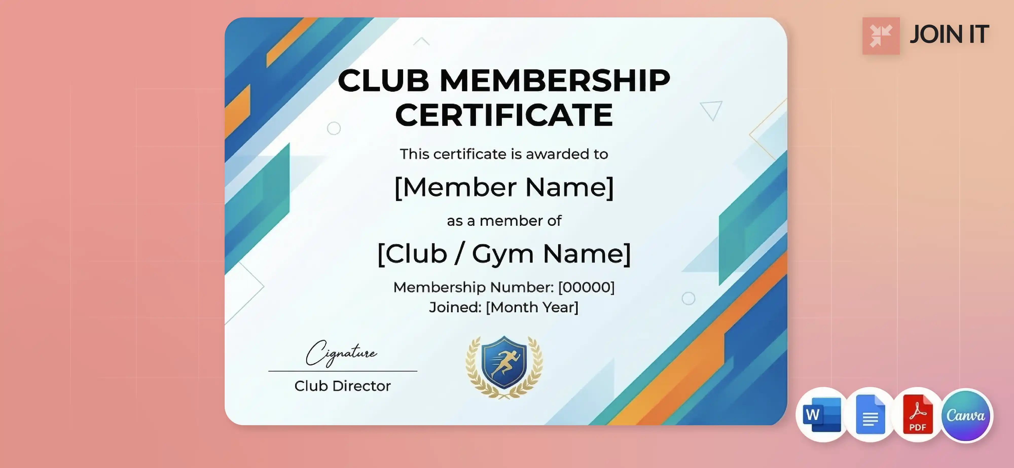 Club membership certificate template for gyms or clubs, editable in Word, Google Docs, PDF, and Canva.