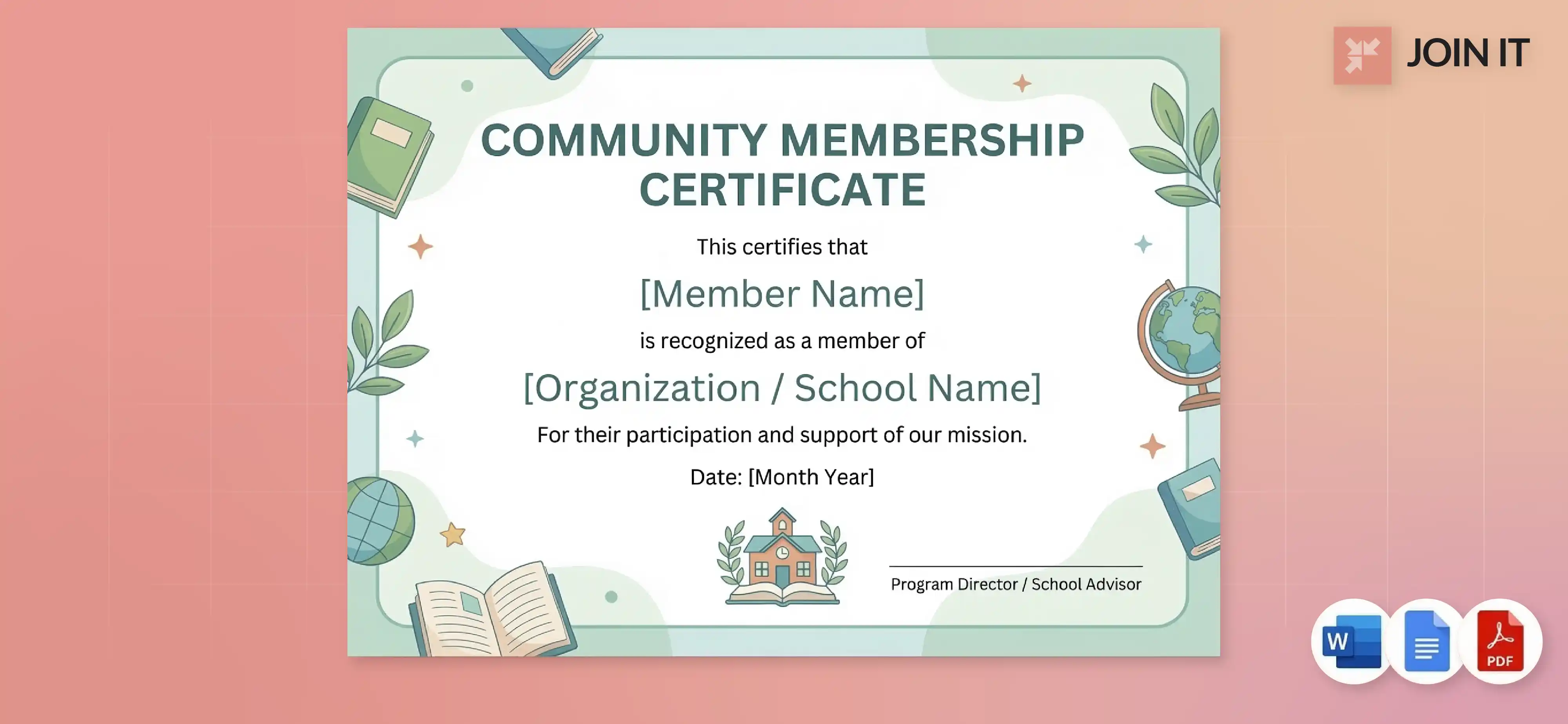 Community membership certificate template for schools or organizations, editable in Word, Google Docs, and PDF.