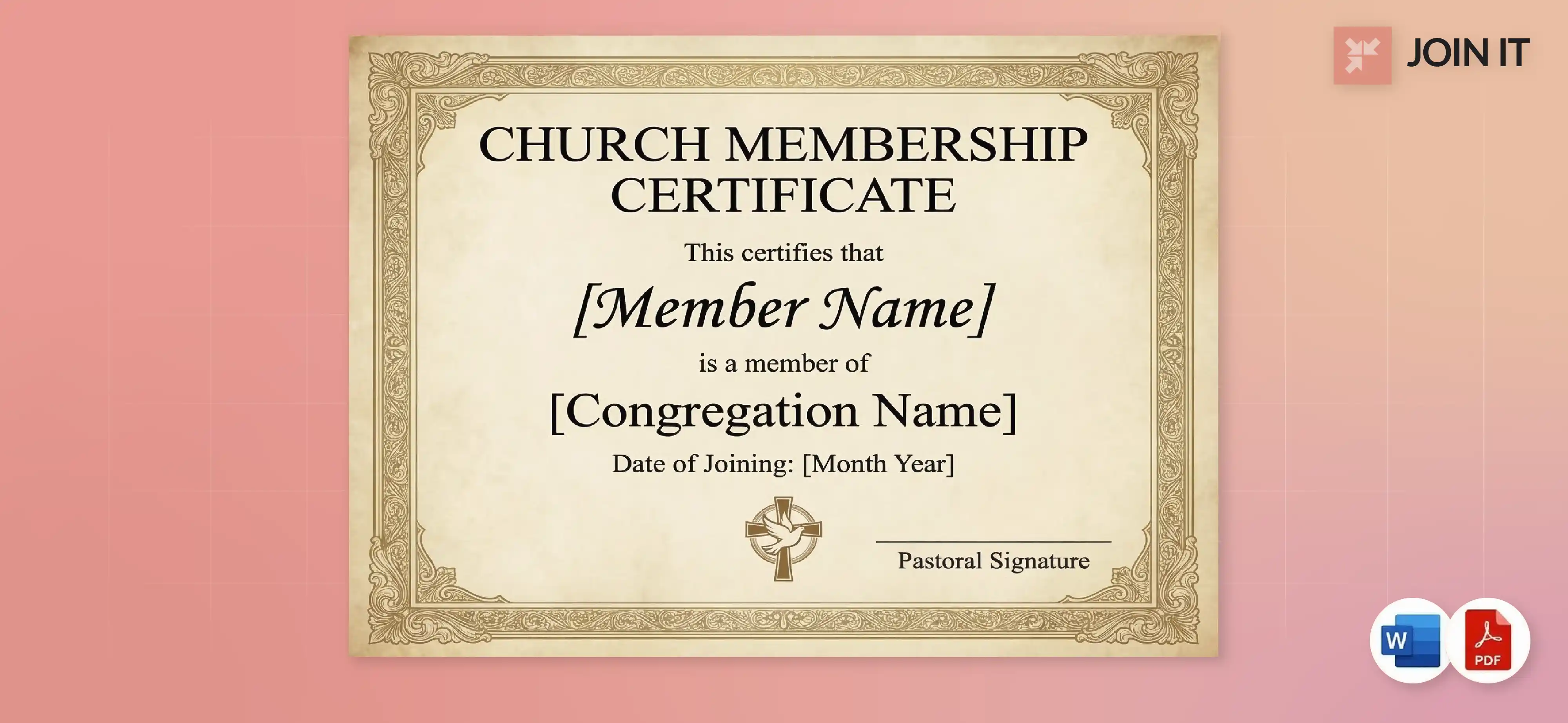 Community membership certificate template for schools or organizations, editable in Word, Google Docs, and PDF.