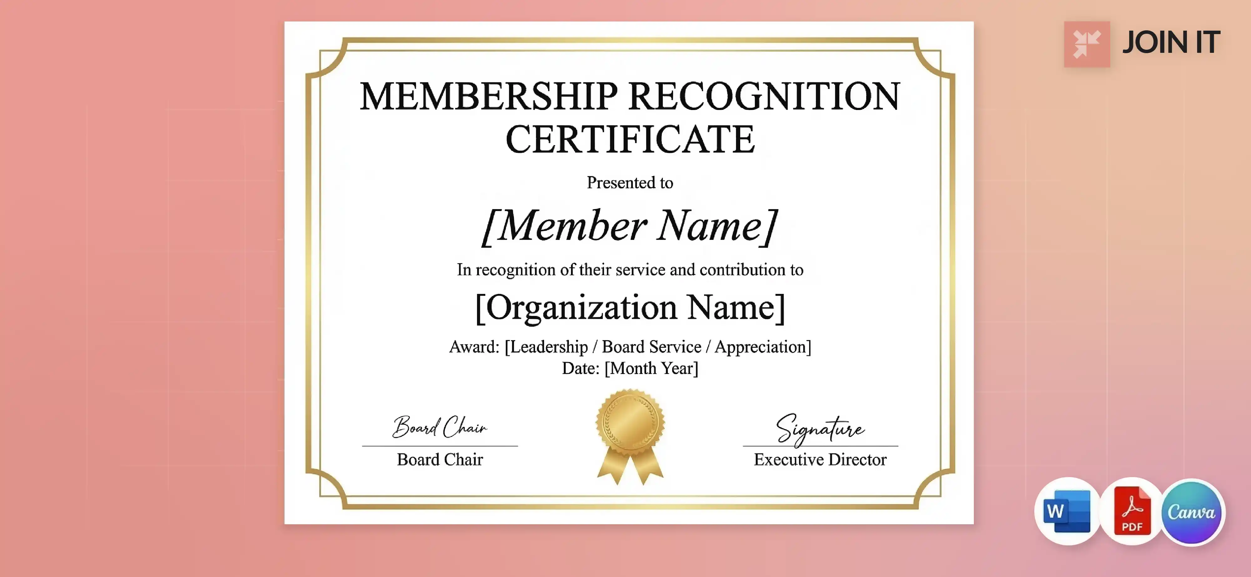 Membership recognition certificate template for volunteers or board service, editable in Word, PDF, and Canva.