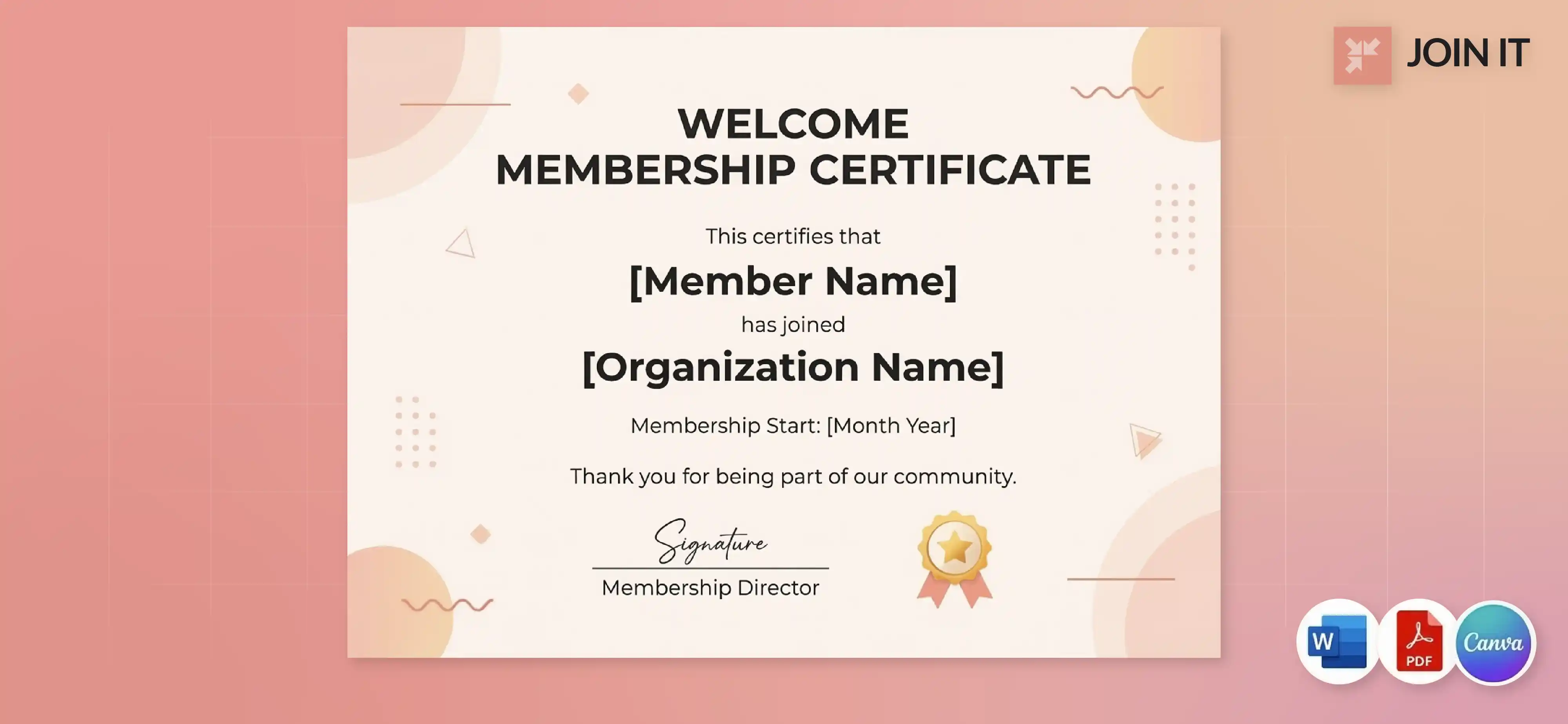 Welcome membership certificate template for new member onboarding, editable in Word, PDF, and Canva.