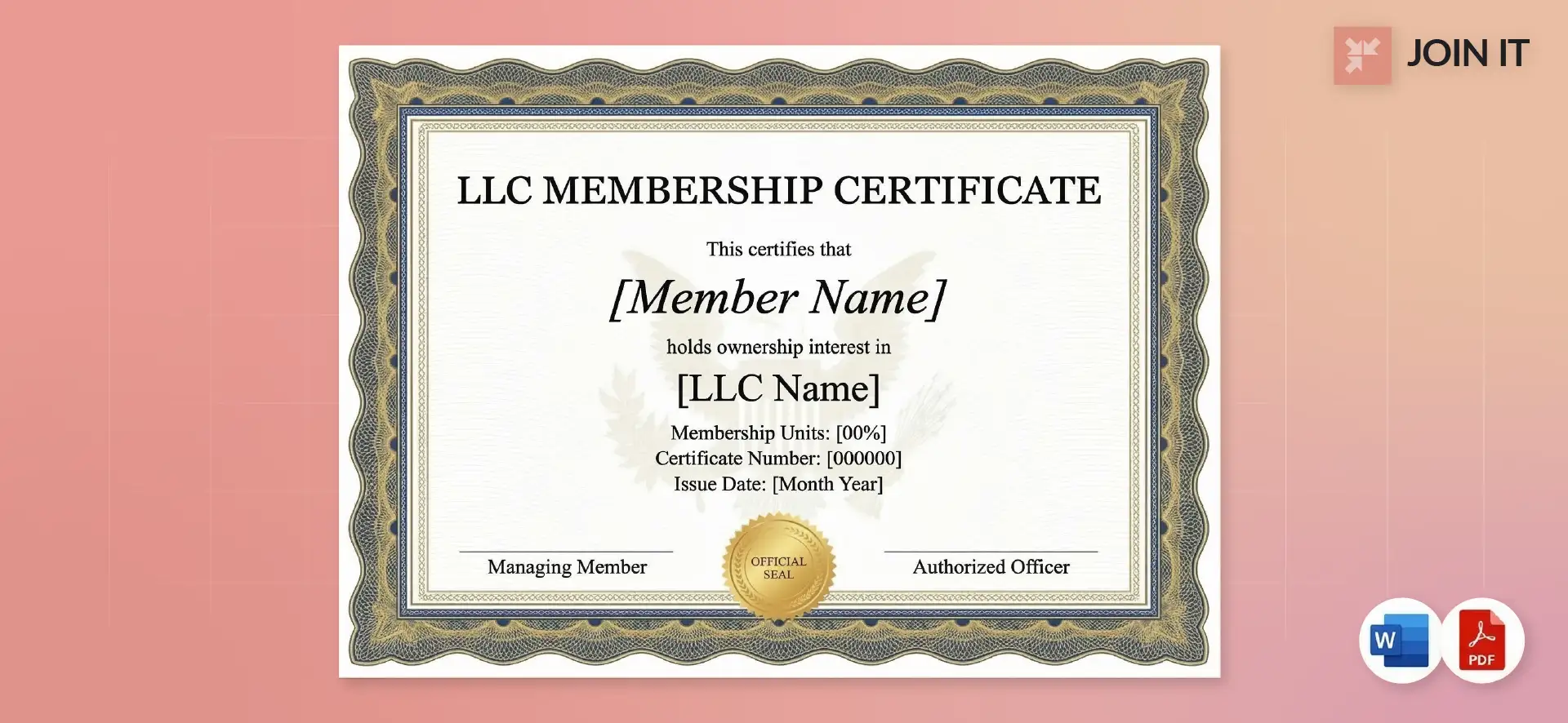 LLC membership certificate template showing ownership interest details, editable in Word and PDF.