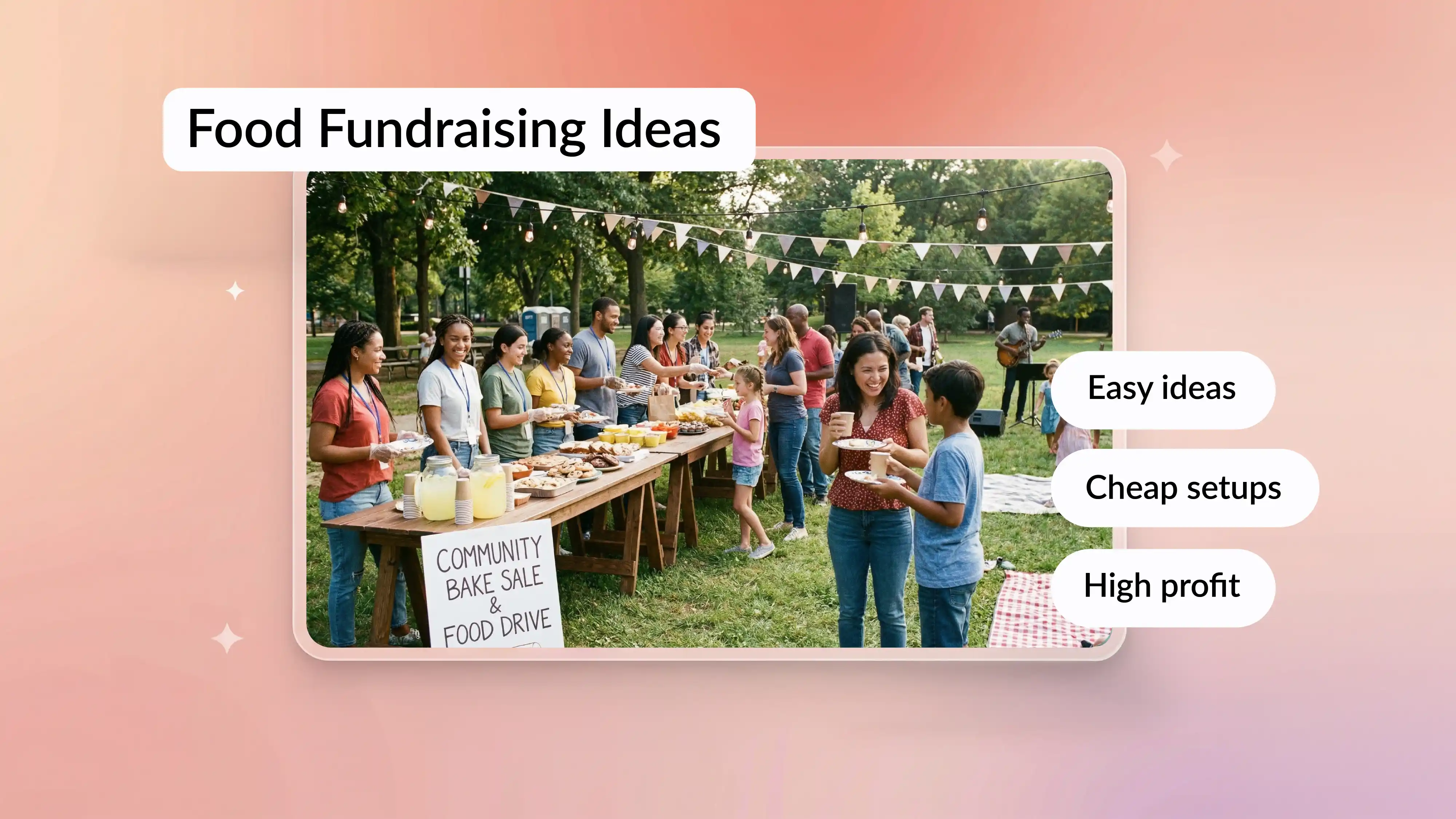 Food fundraising ideas cover image showing a community bake sale and food drive with easy, low-cost, high-profit ideas.