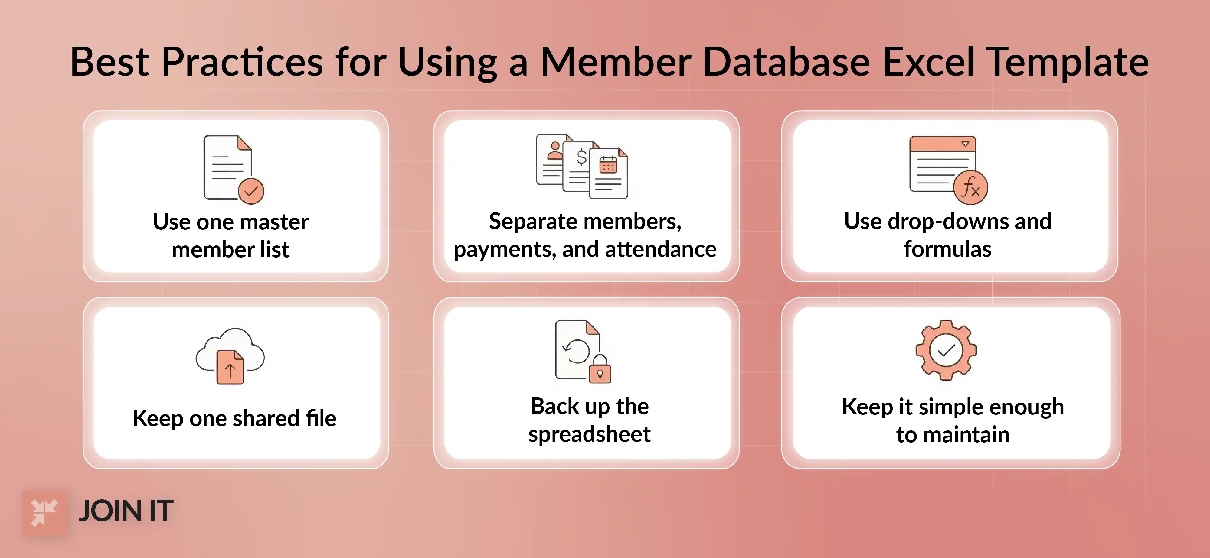 Member database Excel template best practices for shared files, backups, formulas, and separate sheets.