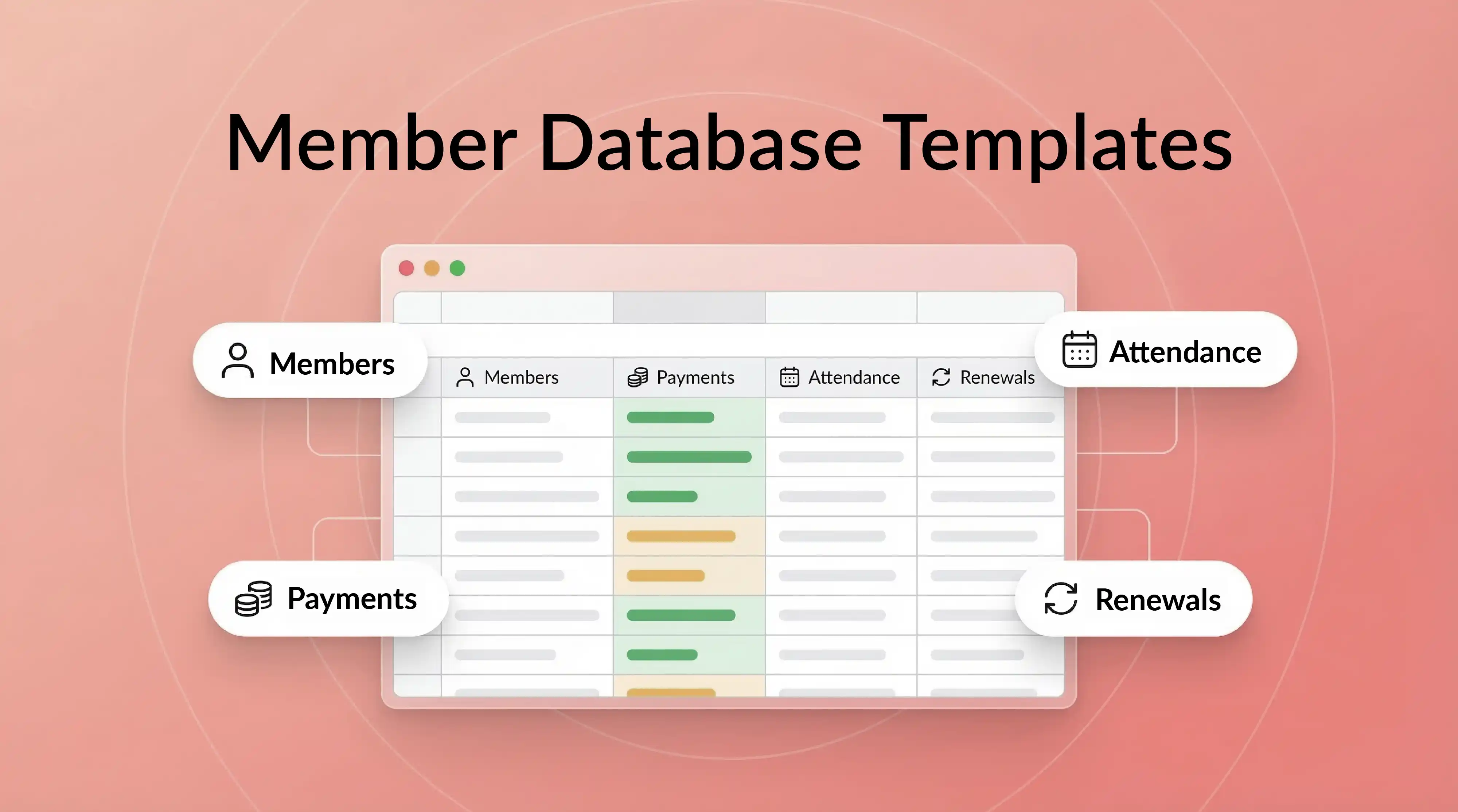 Member database templates cover image showing members, payments, attendance, and renewals in one spreadsheet.