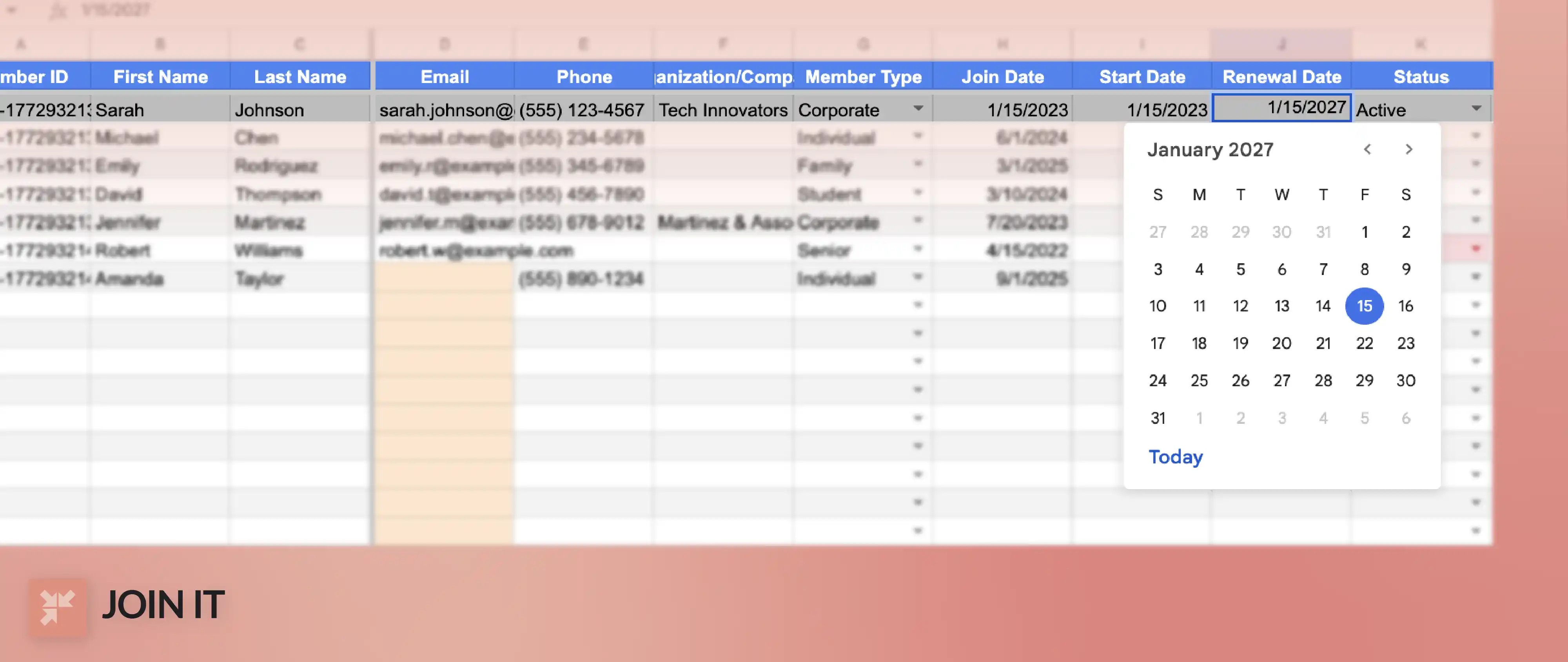 Join It membership database sheet with renewal date picker in Excel for tracking member renewals.