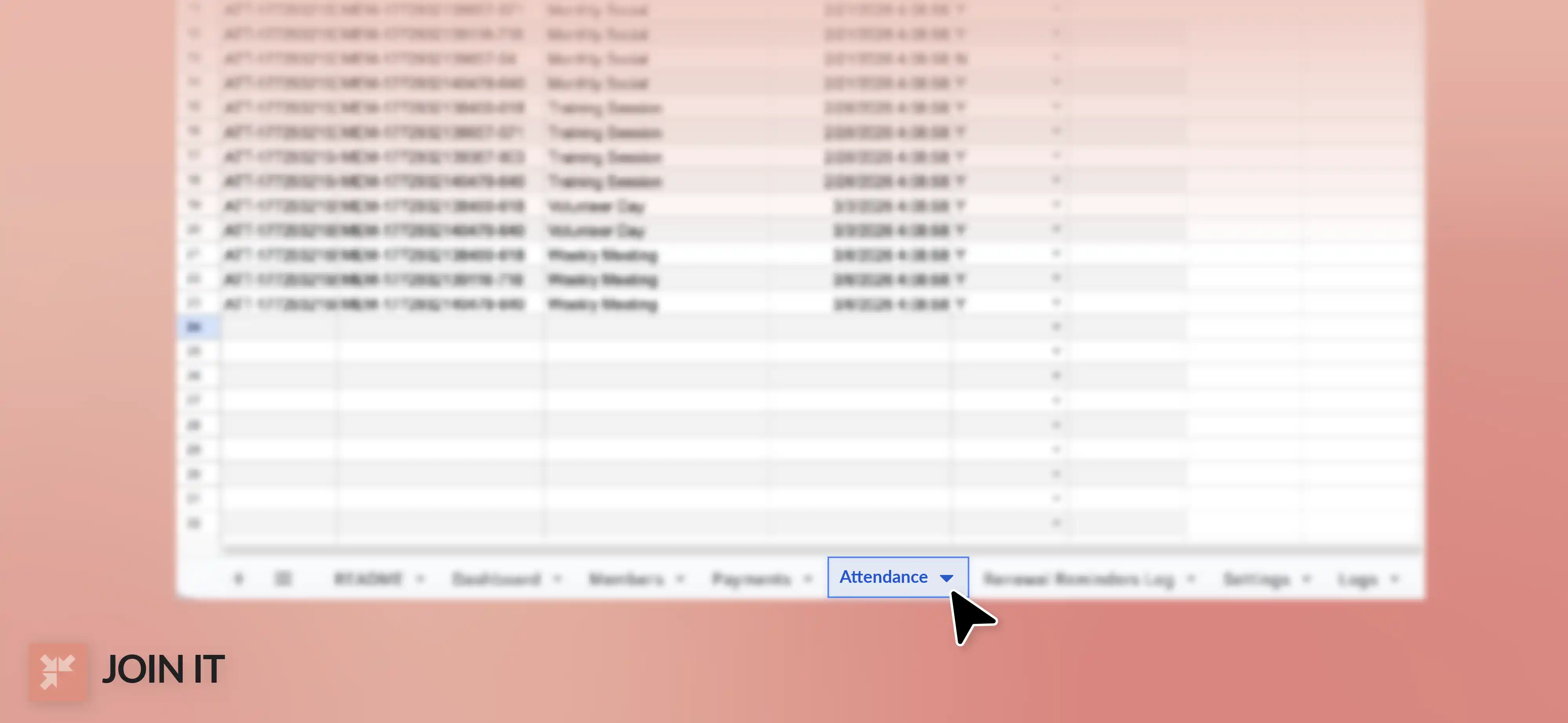 Join It membership database attendance tab in Excel for tracking events and member check ins.