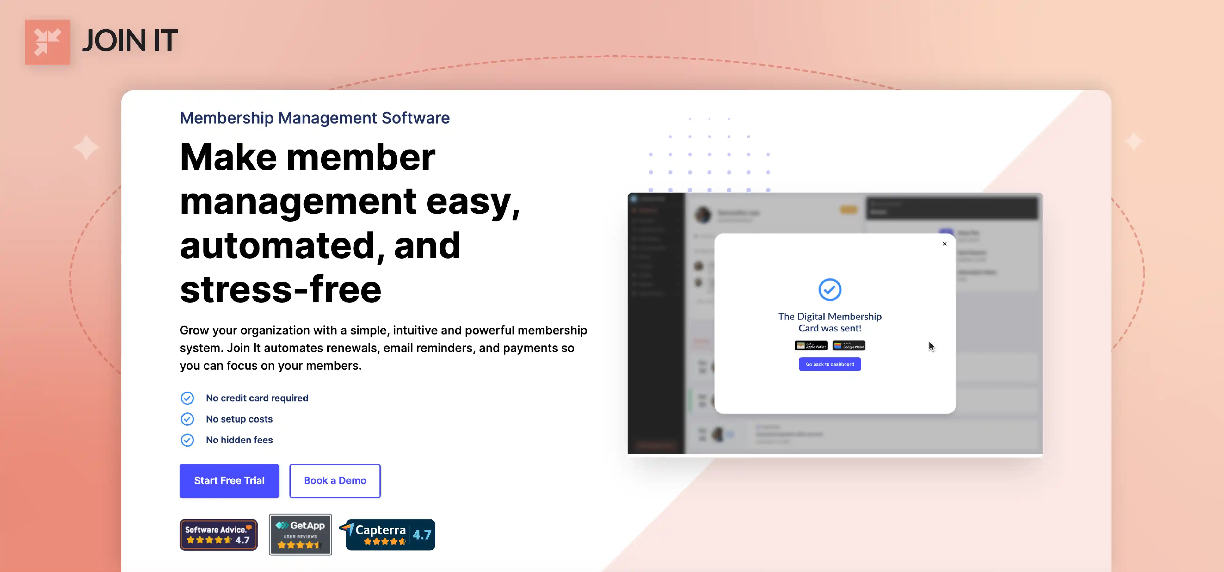 Join It alumni management software example page with automated member management and digital membership card tools.
