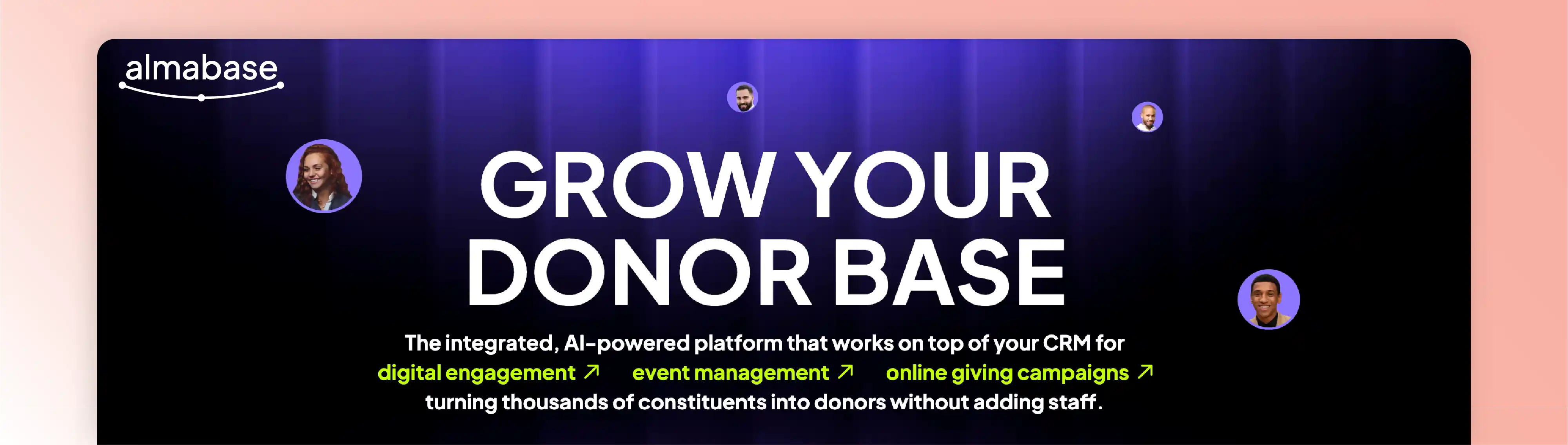 Almabase alumni management software example focused on donor growth, event management, and digital engagement.