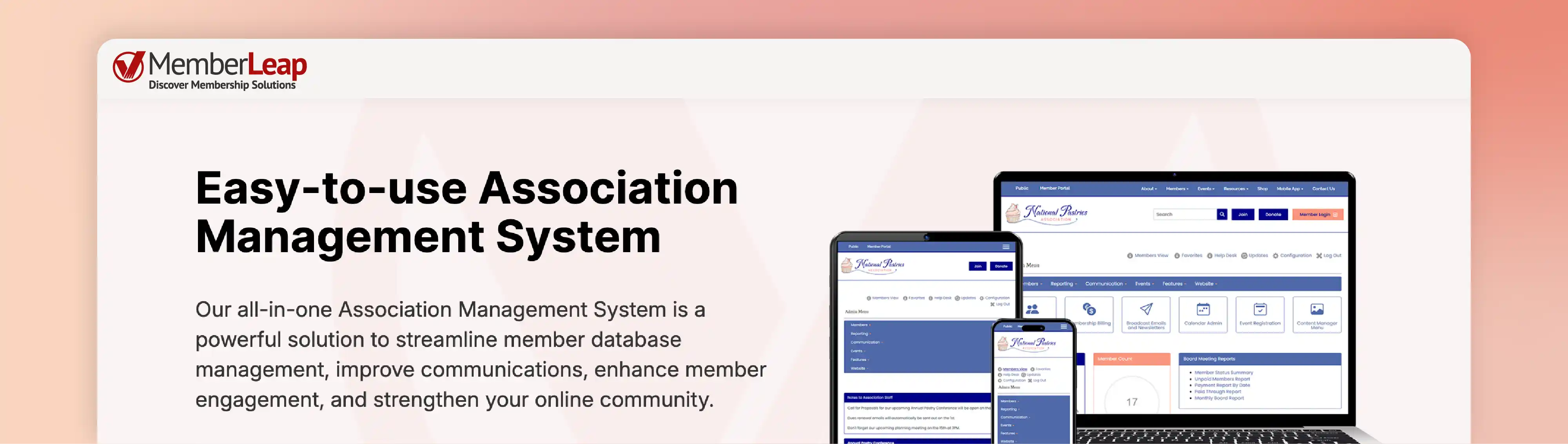 MemberLeap alumni management software example with member database tools, communication, and online community features.