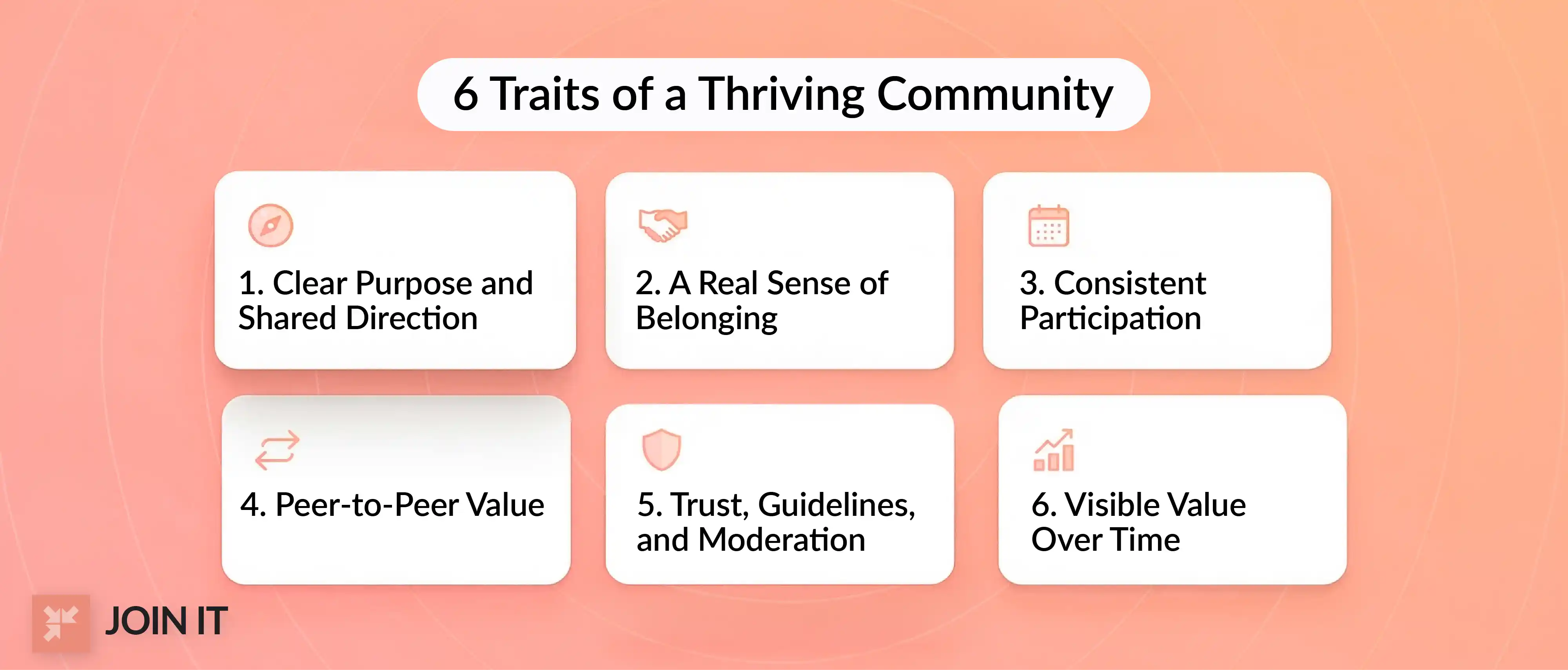 Thriving community visual with virtual members, advocacy, and long-term loyalty themes.