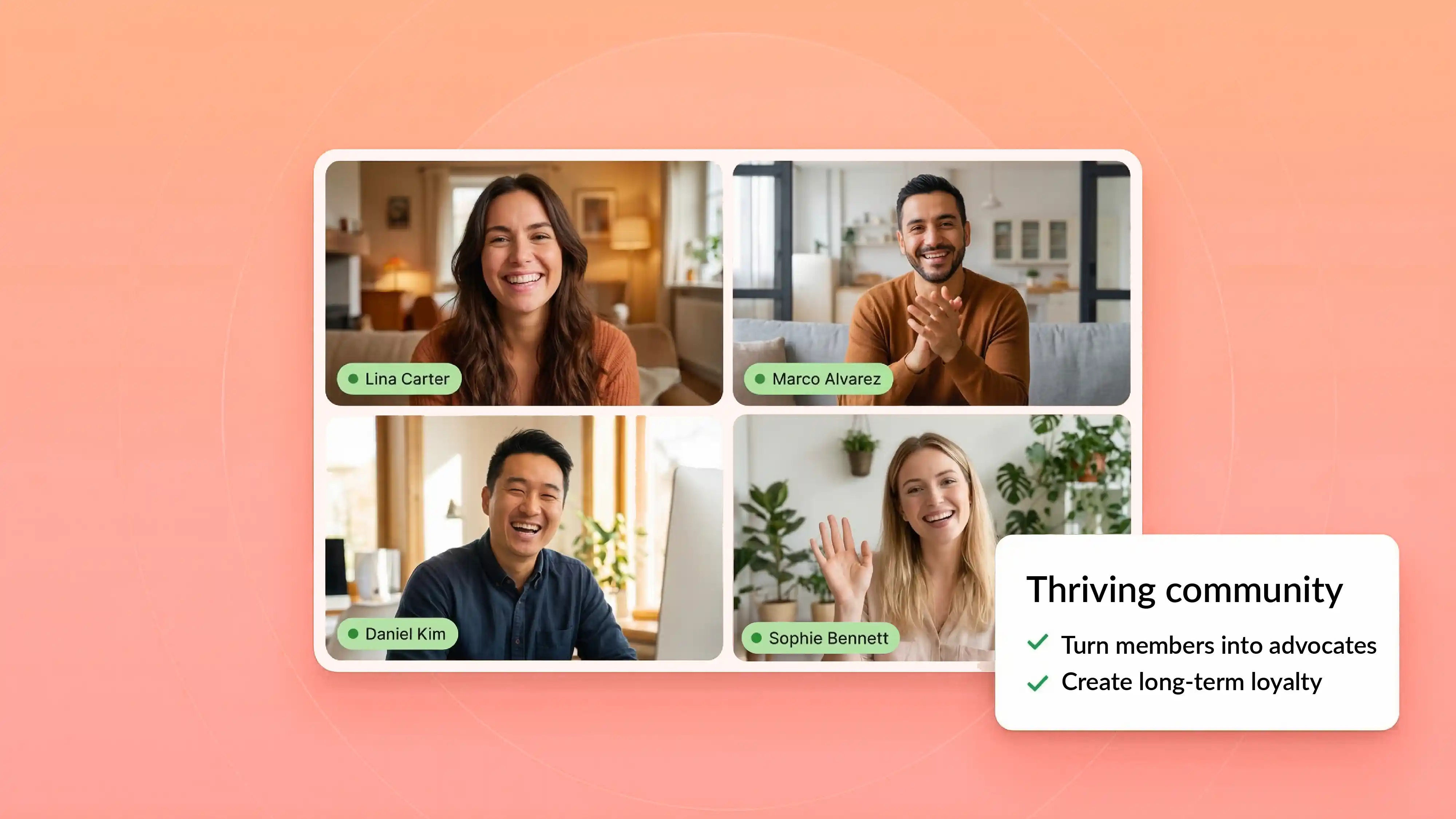 Thriving community visual with virtual members, advocacy, and long-term loyalty themes.
