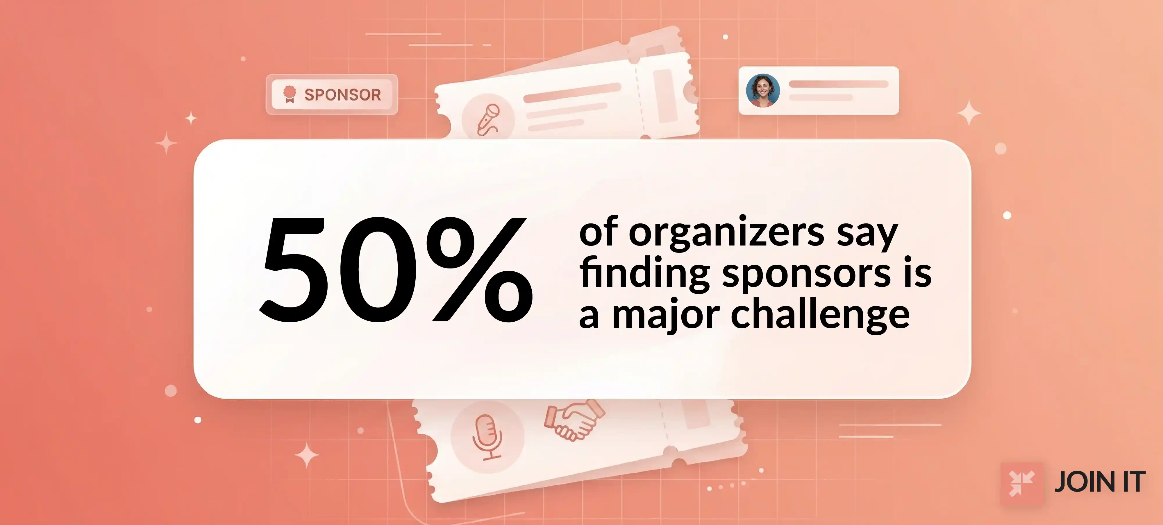 Event sponsorship stat showing 50% of organizers say finding sponsors is a major challenge.