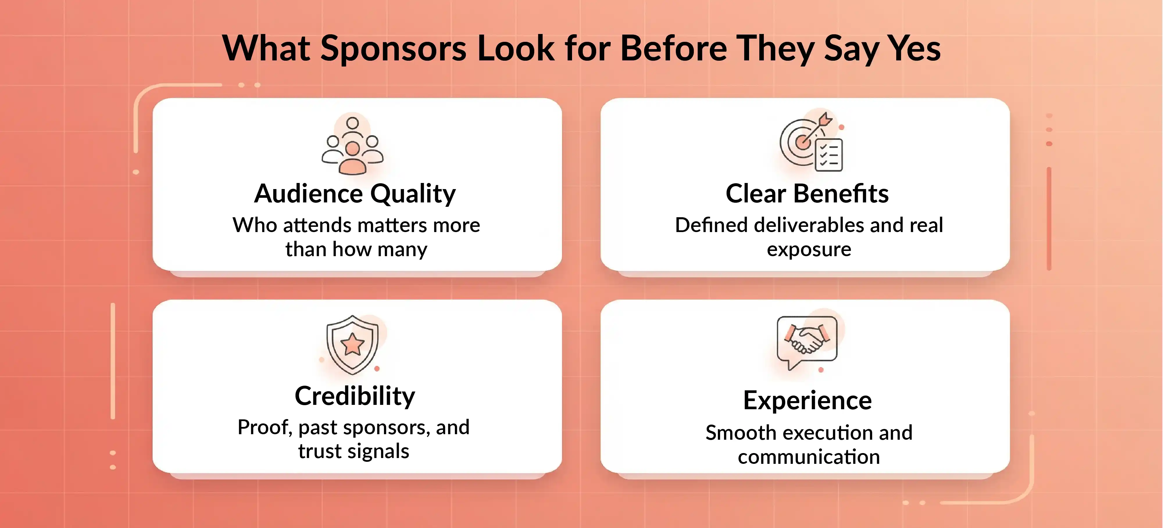Event sponsorship factors sponsors look for, including audience quality, benefits, credibility, and experience.